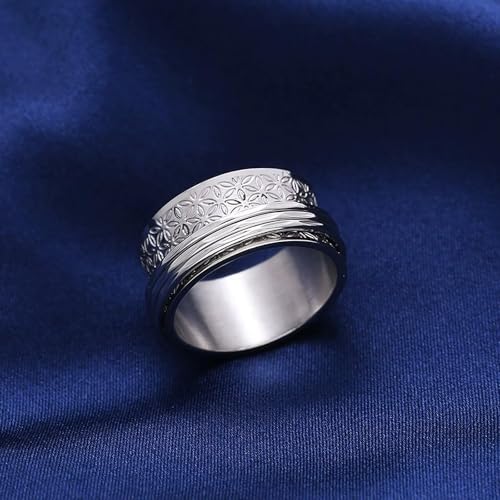 Stainless Steel Rings for Men Women, Vintage Chunky Silver Spinner Ring Band for Meditation, Relaxation& Stress Relief, Retro Wide Wrap Thumb Finger Midi Rings, Statement Cool Punk Band Ring Jewelry - color: R08Color4