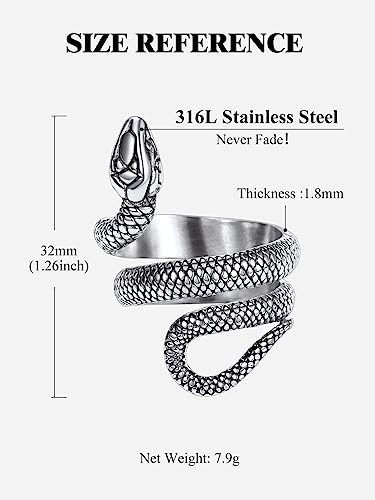Stainless Steel/18K Gold Plated/Black Snake Ring for Men Women Size 7-12 Serpent Reptile Rings Punk Gothic Jewelry(with Gift Box) - color: 01-Steel