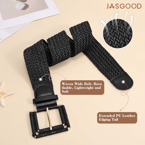 JASGOOD Women Wide Woven Belt for Dresses Rattan Waist Belt Braided Boho Belt with Square Buckle - color: Black, size: Fit Waist Size 28-32inch