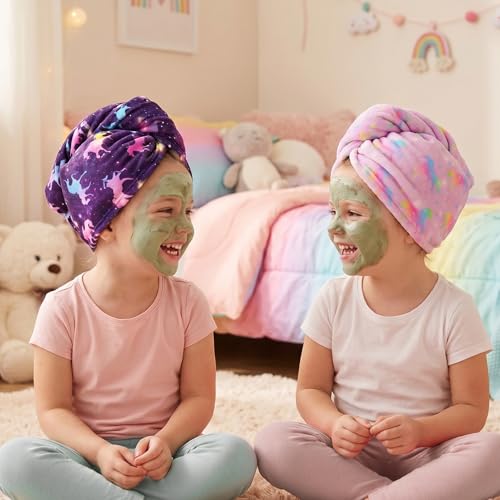 Basumee Microfiber Hair Towel Wrap for Kids 2 Pack Rapid Drying Hair Towel with Button Hair Turbans for Wet Hair Wraps Head Towel Wrap for Women and Girls, Dark Unicorn - color: Dark Unicorn