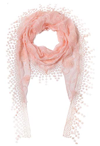 Cindy & Wendy Floral Embroidered Lace Triangle Scarf for Women - color: Pink