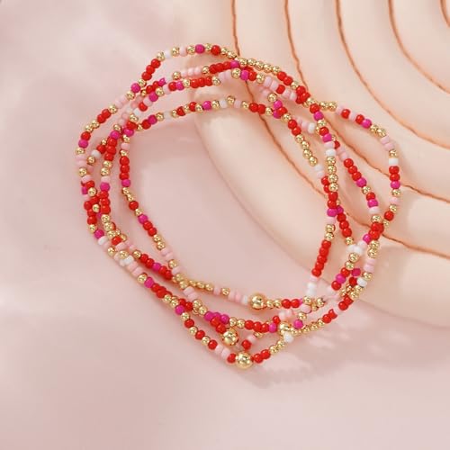 Boho 4Pcs Stack Colorful Small Seed Beaded Bracelets Set for Women, Cute Handmade Dainty Trendy Gold Plated Stretch Accessories Thin Glass Jewelry, Summer Daily Party Friendship Gift - color: Pink Red