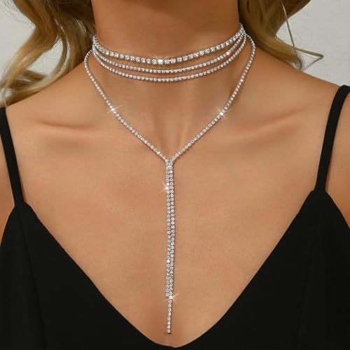 Statement Layered Sparkly Crystal Choker Black Long Tassel Y Necklace for Women, Dainty Multilayer Silver Bling Rhinestone Necklaces Prom Jewelry Gift - color: Silver