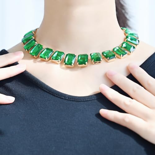 Fashionable Chunky Plated Tennis Rhinestone Statement Necklace Jewelry Set for Women Multicolor gem necklace with Great Sparkle and Shine Design for Women to Easy Match - color: green square rhinestone