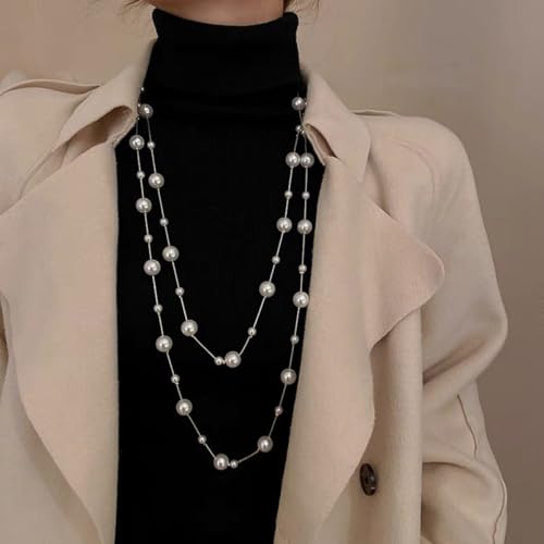 Layered Pearl Necklaces for Women Big Pearl Long Chain Necklace Dainty Faux Pearl Necklaces Statement Sweater Strand Chain Jewelry - style: gold