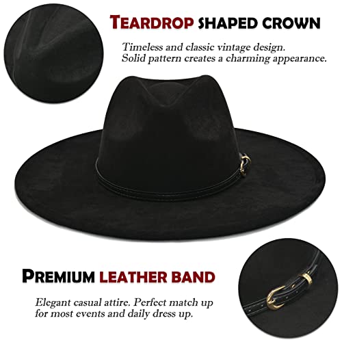 FLUFFY SENSE. Big Wide Brim Fedora Hat for Women - Nashville Outfits Western Hats Women's Felt Panama Rancher Hat - color: Vintage Black