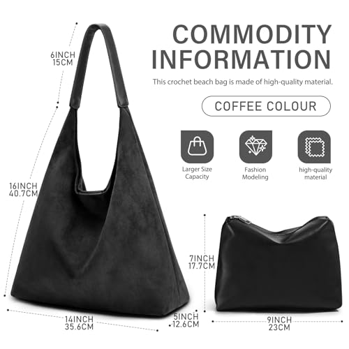 2-Piece Vegan Leather Purse Set for Women: Slouchy Hobo Shoulder Bag & Suede Tote Bag - color: Black
