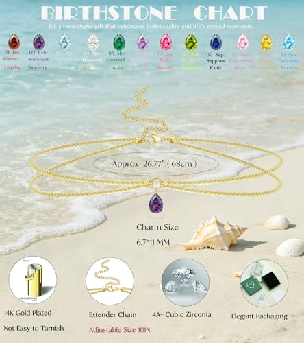 Birthstone Waist Chain for Women 14K Gold Plated Body Chain Adjustable Layered Belly Belt Chains Sparkle Beach Waist Beads Summer Bikini Waterproof Jewelry Accessories for Women Sexy - color: 02. February(Amethyst)