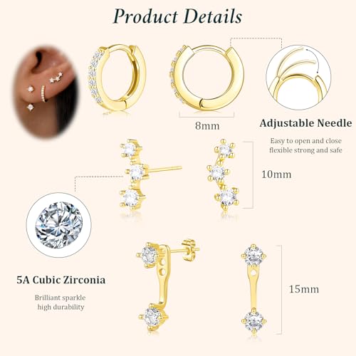 Poxtex Small Sterling Silver Huggie Hoop Earrings Set for Women, Hypoallergenic 14K Gold Plated Hoops Stacks for Multiple Piercings, Dainty Cute Mini Lightweight Cartilage Studs Trendy Jewelry Gift - color: Gold-jacket