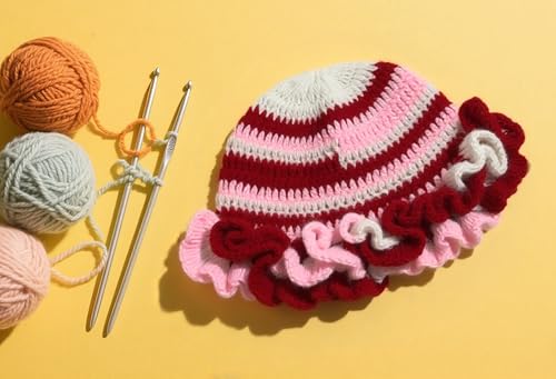 Handmade Crochet Bucket Hat for Women Boho Chic Slouchy Design Colorblock Ruffled Brim Festival&Daily Crochet Hat - color: White and Pink Stripe