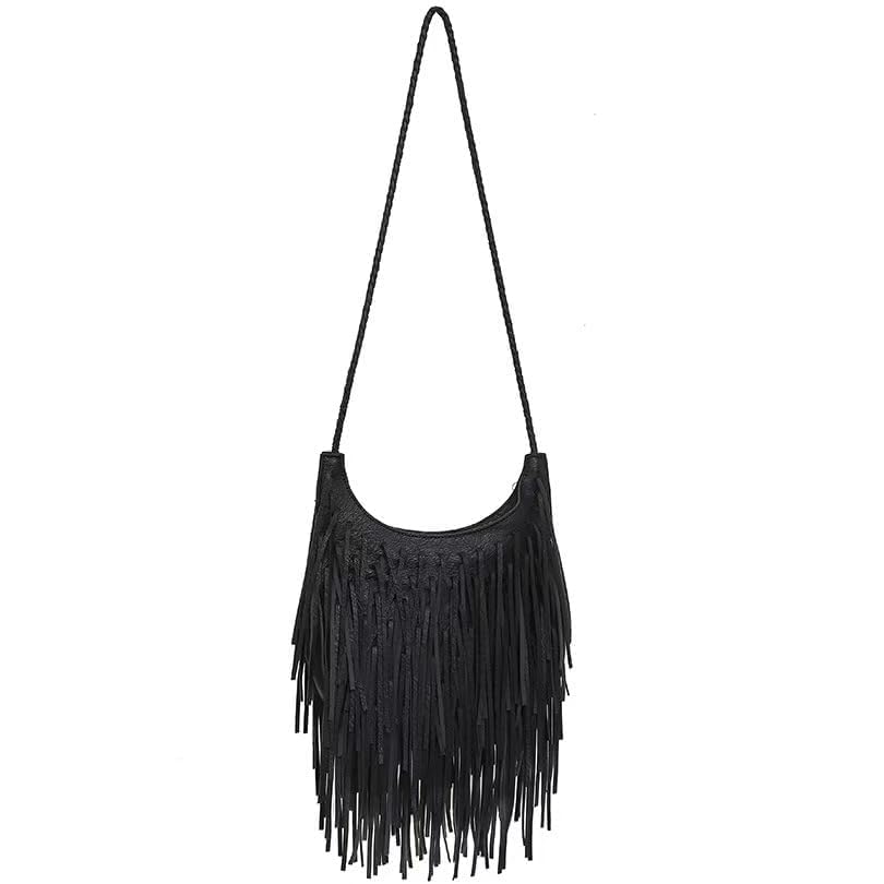 Tassel Shoulder Bag, Vintage Stylish Women PU Leather Bohemian Fringed, Vintage Hobo Crossbody Bag,Fringe Handbag - color: Black Red-4