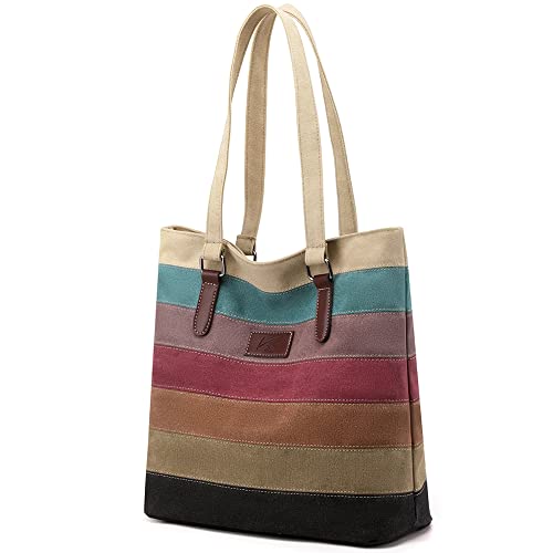 Canvas Handbag Multi-Color Striped Lattice Cross Body Shoulder Purse Bag Tote-Handbag for Women | Striped - style: Multi Color E