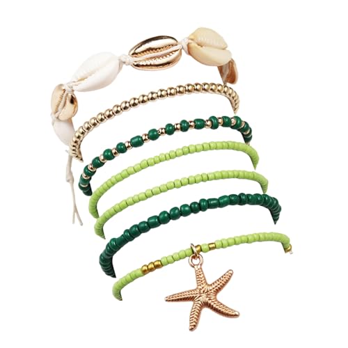 Pingyongchang Bohemian Stackable Shell Beaded Ankle Bracelets for Women Colorful Boho Multi-Layer Seashell Gold Starfish Adjustable Handmade Braid Bracelet Summer Beach Holiday Accessories Gifts - color: Green