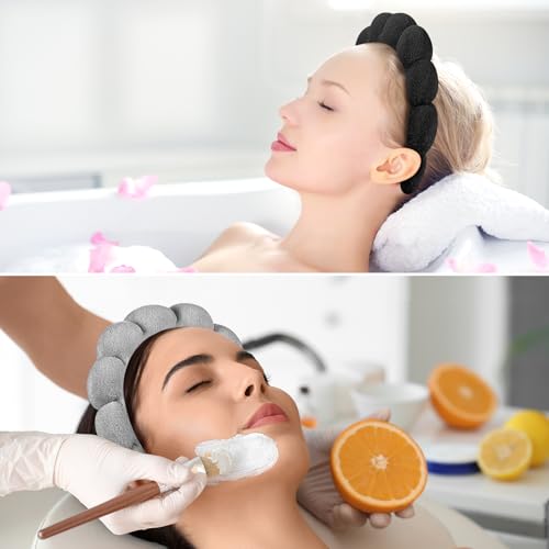 Ztomine Spa Headbands for Washing Face or Facial, Set of 2 Skincare Headbands, Terry Cloth Headband Wash Combo Pack - Puffy Makeup Washing, Mask, Skin Treatment - color: Black + Gray