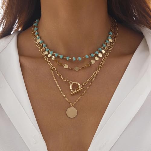 Gold Stack Necklace Chunky Necklaces for Women Trendy Coin Pendant Long Necklaces Western Jewelry for Women Cowgirl Cowboy Chic Country Outfit Boho Accessories Birthday Jewelry Gifts - color: A:Gold Boho