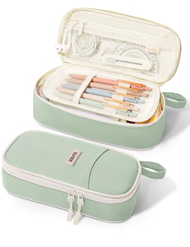 SUNEE Cute Pencil Case, Aesthetic Pen Pouch, Colored Large Pencil Bag with Zipper, Kawaii Stationery Storage and Organizer, School Supplies for Teen and Adult Girls, Green - color: Green