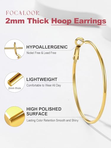 FOCALOOK 14K Gold Plated Lightweight Large Hoops| 2mm Thin Hoop Earrings for Women 30/40/50/70/100mm - color: 01.Gold, size: 50mm