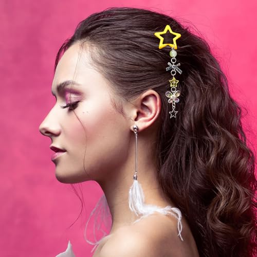 Pndeyo 2pcs Star Tassels Hair Clips for Women, Non-Slip 2000s Y2K Hair Snap Barrettes, Cute Star Bow Butterfly Beaded Pendant Hair Pin Accessories for Braid Long Short Thin Thick Hair- Yellow - color: Yellow-bow shape