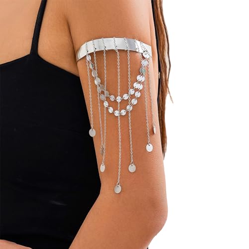 Simple Multi-layered Sequin Tassel Chain Upper Arm Bracelet Summer Beach Adjustable Open Arm Cuff Bangle Bracelets Bikini Armlet Body Jewelry for Women - color: Silver