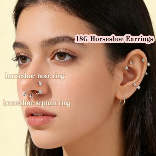 18g Horseshoe Nose Ring F136 Titanium for Women Internal Thread Double Gem Horse Shoe Nose Ring Hoop Cartilage Helix Tragus Earring Hoops Labret Lip Piercing Jewelry Small Septum Rings