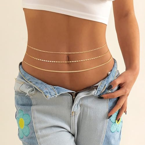 CHESKY 14K Gold Plated Silver Plated Waist Chain for Women, Layered Belly Belt Chains Beach Waist Beads Chain Waterproof Snake Cuban Body Chain Summer Jewelry Accessories for Women - style: 3layer-gd