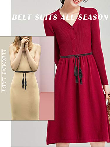 TeeYee Women Girls Multi Colors Braided Waist Tie Belt/Rope/Chain with Tassel Fringe Wrap Cloth Belts for Ladies Dress Pants - color: Black