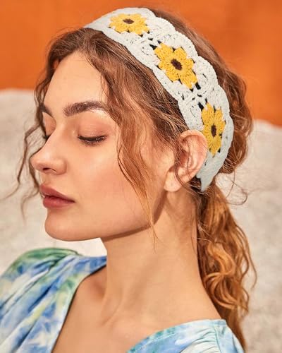 HAIMEIKANG Hippie Hair Bandanas Headbands for Women Boho Headband Knit Hair Bands Floral Head Wrap for Girls(Beige+Blue+Pink) - color: Beige+Blue+Pink