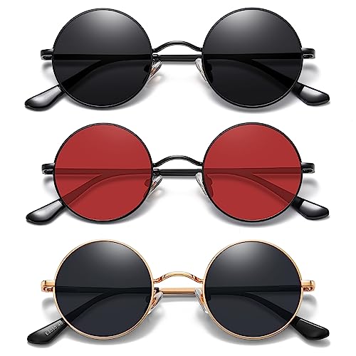 MEETSUN Small Round Polarized Sunglasses for Men Women Metal Retro Hippie Circle Sun Glasses Driving Festival Cosplay UV400 - color: (Black+red+gold Grey