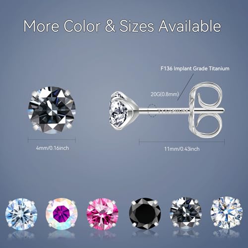 Moissanite Stud Earrings, G23 Hypoallergenic Titanium Stud Earrings for Women Men, Round Cut D Color VVS1 Clarity 18K White Gold Palted Multicolor Moissanite Jewelry, 0.6CT-3.0CT - color: Grey, size: (0.3ct*2)-4mm-0.6 Carat