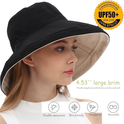 vidsel Womens Sun Hats Wide Brim Reversible Bucket Cotton Hat Packable Summer Travel Cap with Hat Clip,UV Protection - color: Medium-black+beige, size: Medium