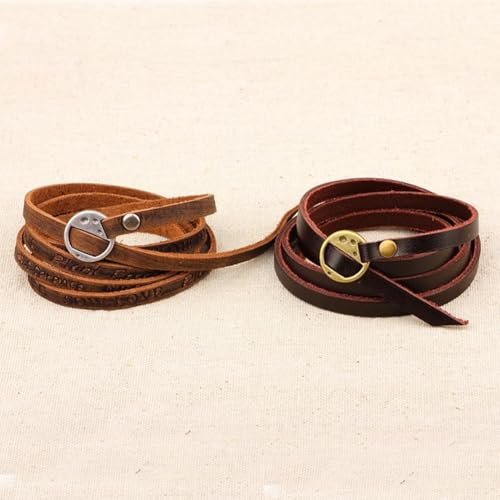 2PCS Cowhide Leather Wrap Bracelets Wristbands Cuff Vintage Adjustable Genuine Leather Boho Layered Bracelet Western Brown Stackable Straps Arm Armor with Alloy Toggle Clasp for Men Women - color: brown