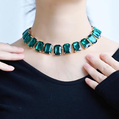 Fashionable Chunky Plated Tennis Rhinestone Statement Necklace Jewelry Set for Women Multicolor gem necklace with Great Sparkle and Shine Design for Women to Easy Match - color: emerald square rhinestone