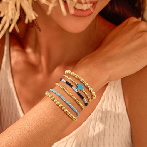 VIBILIA Gold Beaded Bracelets Set for Women 14K Gold Plated Dainty Pearl Cross Bracelet Stack Stretch Bracelet Set Fashion Accessories Gifts - color: 6P-#C-Blue