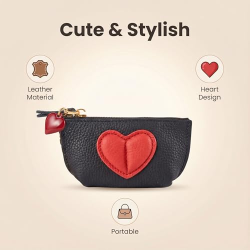 Red Heart Design Small Coin Purse - Cute Compact Keychain Change Purse Soft Leather Wallet with Zipper for Women (Black) - color: Black