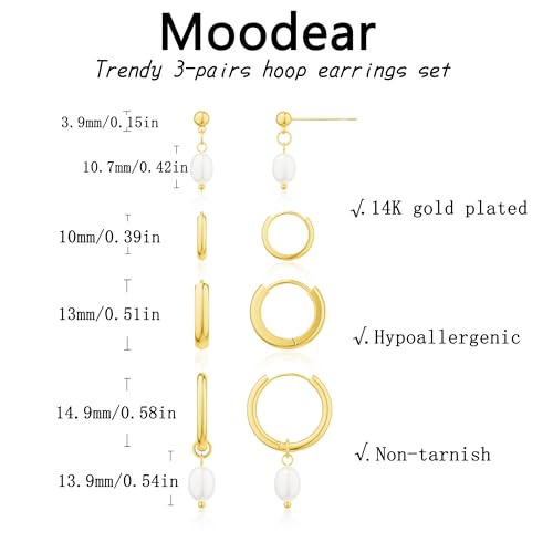 Pearl Earrings for Women, Gold Plated Huggie Hoop Drop Earrings | Hypoallergenic pearl hoop earrings designed for multiple piercings, cartilage styling and everyday wear - style: 4 pearl earring set