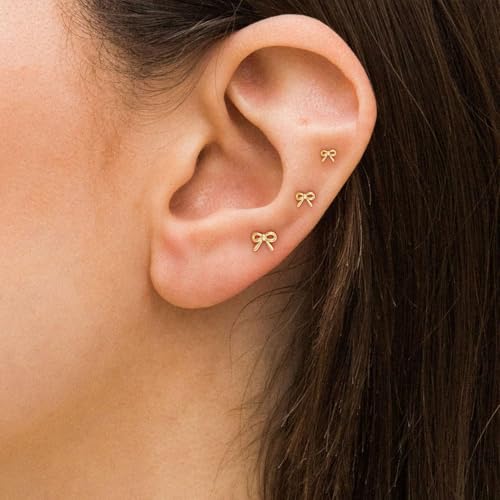VRIUA 20G Tiny Flat Back Earrings for Women - 14K Gold/Silver Plated Small Flat Back Stud Earrings Hypoallergenic Cartilage Helix Piercing Jewelry - color: 4/5/6mm-Bow Flat Gold