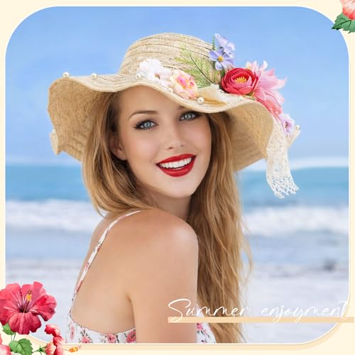 6 Sets DIY Tea Party Straw Hats Kit DIY Straw Hat for Women Blank Sun Hats - style: Boho Ribbon