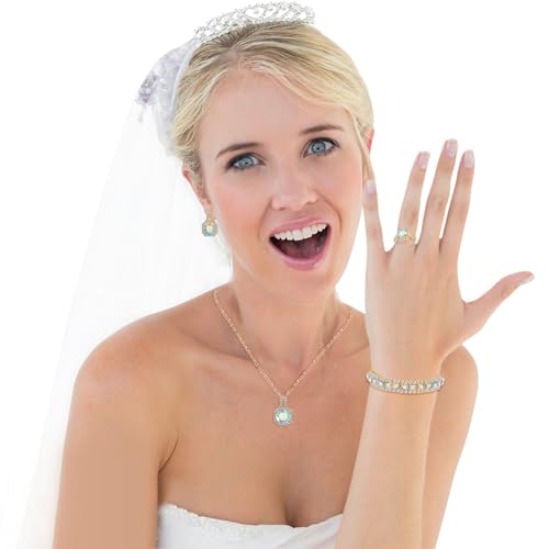 Paxuan 4pcs Cubic Zirconia Wedding Jewelry Sets for Bride Bridesmaid Cubic Zirconia Pendant Necklace Earrings Link Tennis Bracelet Open Ring Set for Women - color: Gold Plated Iridescent AB Cubic Zirconia
