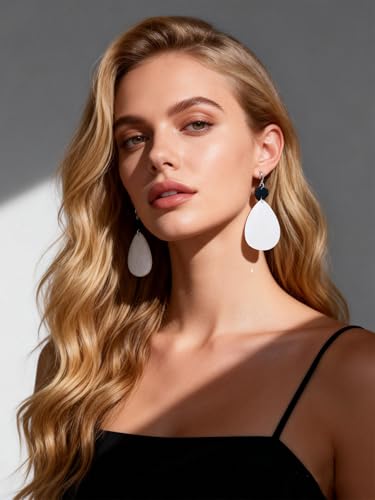 Elisheva Bohemian Lightweight Mother of Pearl Shell Drop Dangle Earrings for Women, Boho Chic Hippie Waterdrop Statement Jewelry Gift - color: black and white