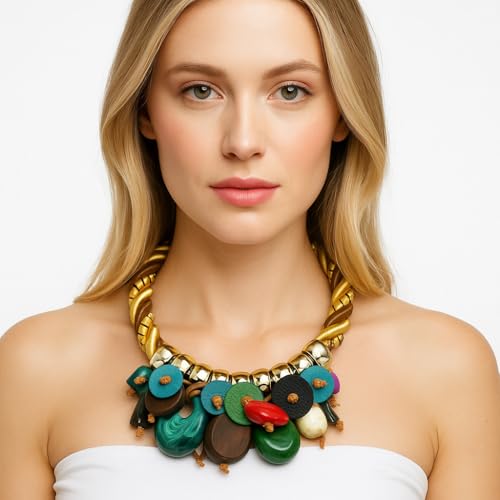 Chunky Statement Wood Pendant Necklace for Women Rope Braided Colorful Resin Stone Tribal Ethnic Bold Boho Fashion Jewelry - color: N1539-colorful