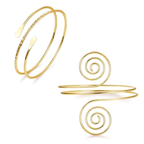 2Pcs Gold Arm Cuff for Women Adjustable Arm Cuff Bracelet Minimalist Open Coil Upper Arm Band Cuff Bangle Set - style: Gold E