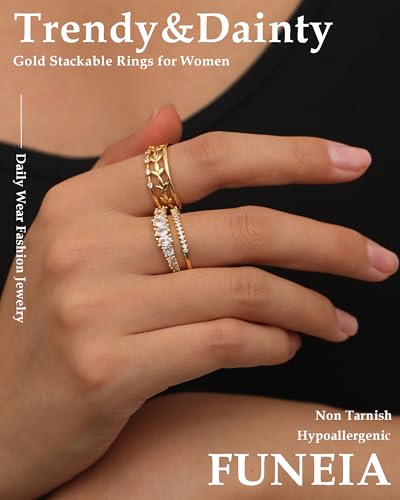 FUNEIA Stackable Gold Rings for Women Non Tarnish Trendy Dainty 14K Gold Plated Stacking Cubic Zirconia Thumb Ring Set Pack Statement Chunky Band Rings Promise Engagement Rings Size 7 8 9 10 11 - color: C-5Pcs Stackable Rings