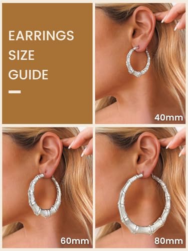 KeyStyle Bamboo Hoop Earrings for Women, Stainless Steel 90s Hoops Earring Lightweight Loops for Party, 2 mm Thick Hypoallergenic Vintage Circle Endless Thin Hoop (40mm, 60mm, 80mm,) - color: Stainless Steel-60mm