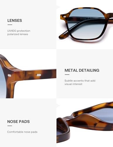 SOJOS Retro Square Polarized Sunglasses Womens Men Trendy 70s Thin Slim Shades Sunnies SJ2674 - color: Tortoise Frame Blue Grading Lens
