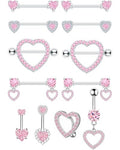 BSJ4U Nipple Ring and Belly Button Ring Set 14G Stainless Steel Sparkly Pink CZ Heart Bar Barbell Nipple Belly Piercing Body Jewelry - style: Lovely