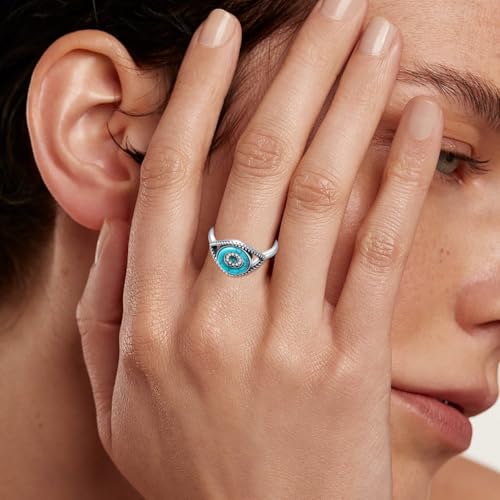 925 Sterling Silver Turquoise Exquisite Evil Eye Ring with CZ Boho Style Adjustable Rings Jewelry Gifts for Women Mother