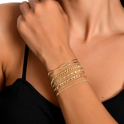Dainty Gold Bracelets for Women, 14K Gold Plated Stackable Bracelet Set, Adjustable Beaded Cuban Paperclip Herringbone Figaro Snake Rope Chain Jewelry - style: Set3 Gold 5Pcs