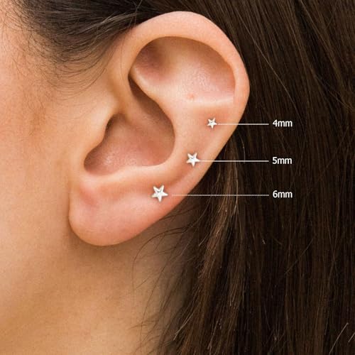 VRIUA 20G Tiny Flat Back Earrings for Women - 14K Gold/Silver Plated Small Flat Back Stud Earrings Hypoallergenic Cartilage Helix Piercing Jewelry - color: 4/5/6mm-Star Flat Silver