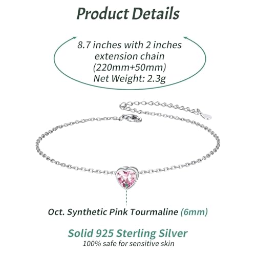 ChicSilver 925 Sterling Silver Anklets for Women, Simple Dainty Round/Heart Birthstone Ankle Bracelet Beach Foot Jewelry, 8.7-10.7 Inch Adjustable - color: 10. Heart - October(Tourmaline)