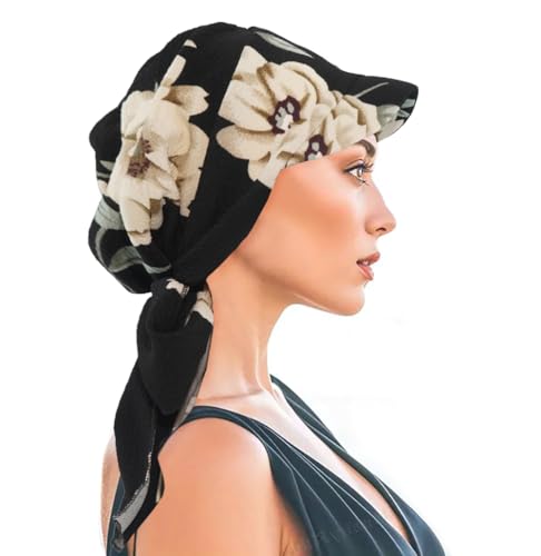 XYIYI Chemo Headwear for Womens Cancer Patients, Head Scarf Chemotherapy Headwraps Hat - color: Black Beige Flowers